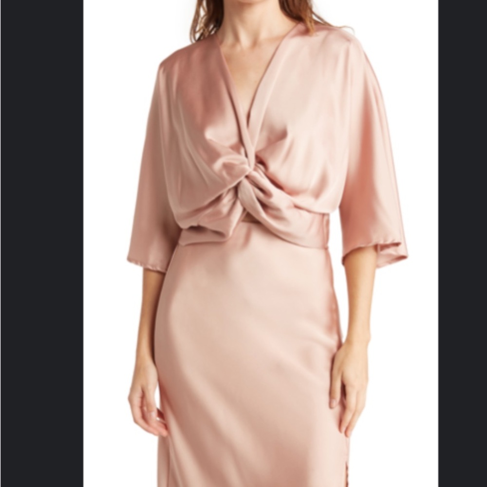 Plunge Neck Long Sleeve Twisted Knot Satin Top and Midi Skirt Set